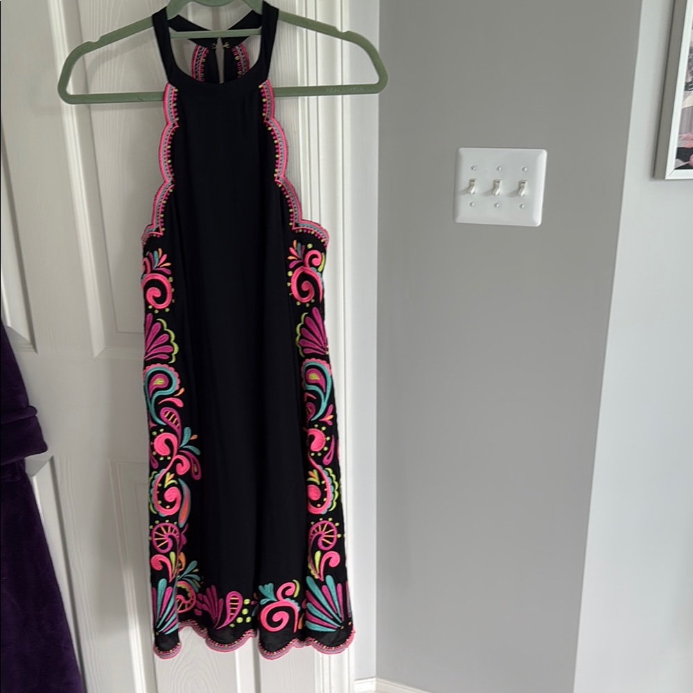 Lilly Pulitzer Black Dress with Pink and Green Embroidery